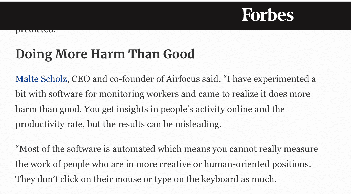 Quoleady's client Airfocus post on Forbes about how software for monitoring workers does more harm than good