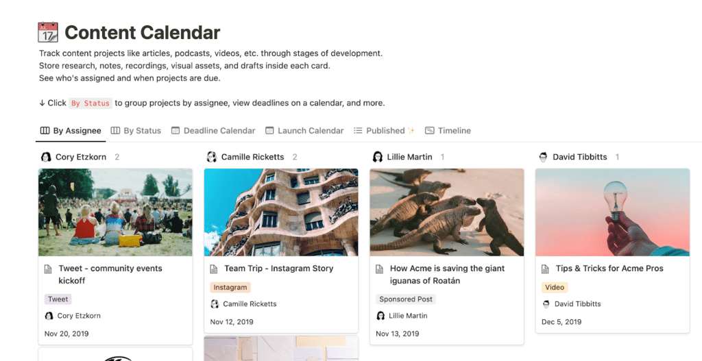 SaaS content marketing tools: Content Calendar in Notion
