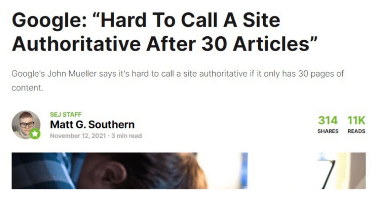 Screenshot of topic Google: "Hard to call a site authoritative after 30 articles"