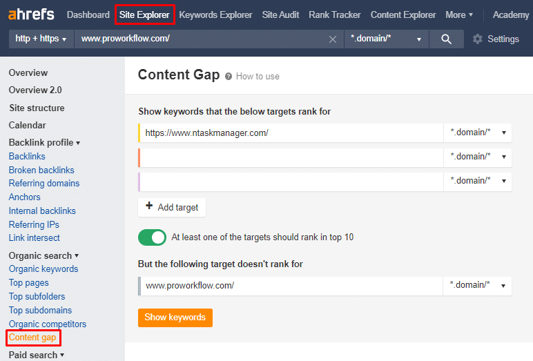 Keyword research for SaaS: Ahrefs content gap