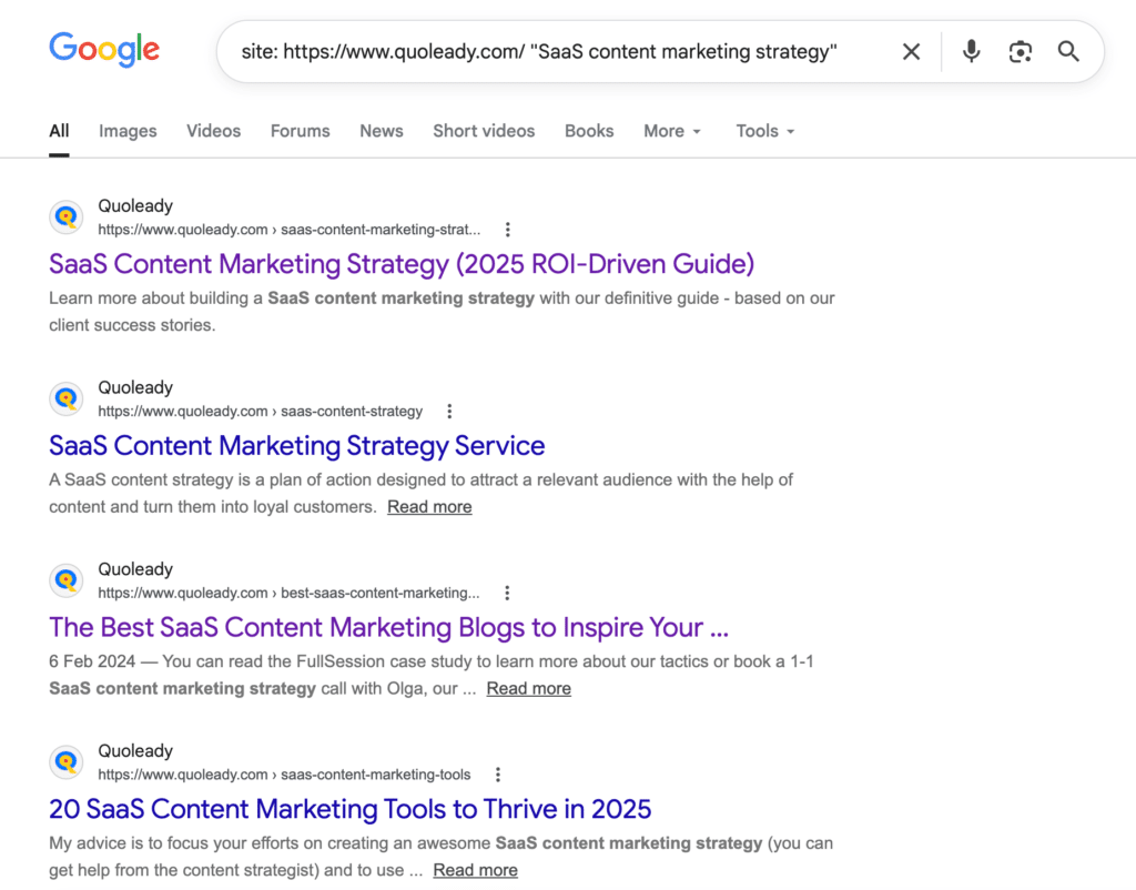 an example with Quoleady search result to show what keyword cannibalization is not