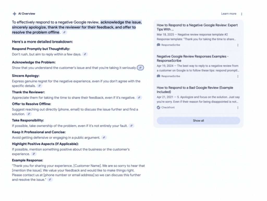 Quoleady results on AI Overview for their client ResponseScribe