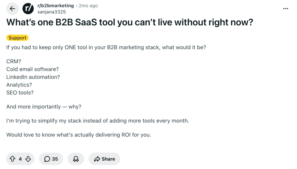 Target user asking questions on Reddit about B2B SaaS tool