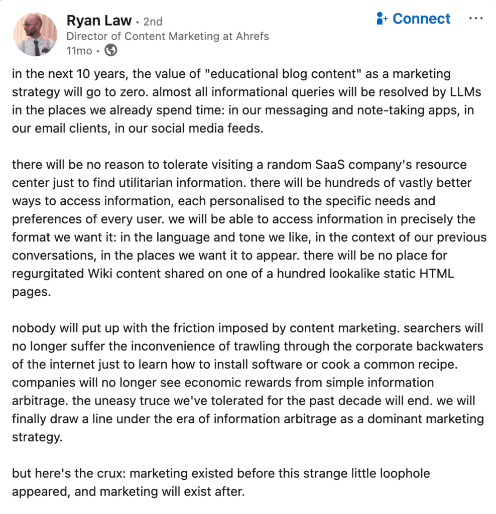 Ryan Law, Director of Content Marketing at Ahrefs, posts about educational blog content as a marketing strategy