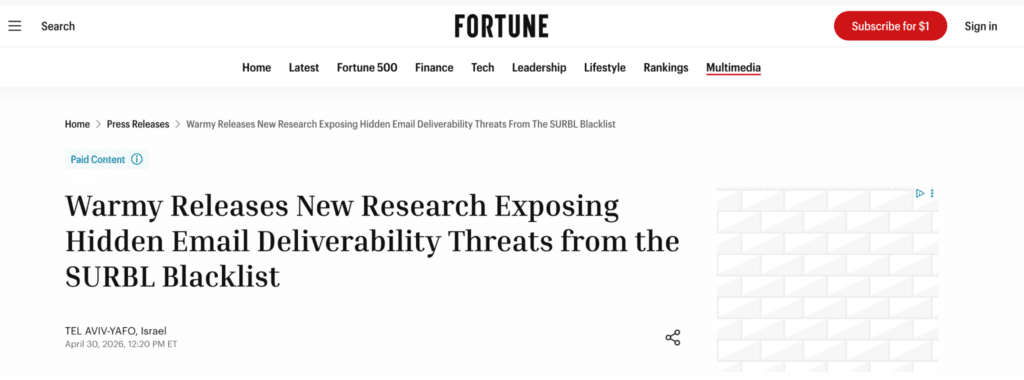 Quoleady client Warmy has published research on Email Deliverability Threats that was featured on Fortune.com and Reuters