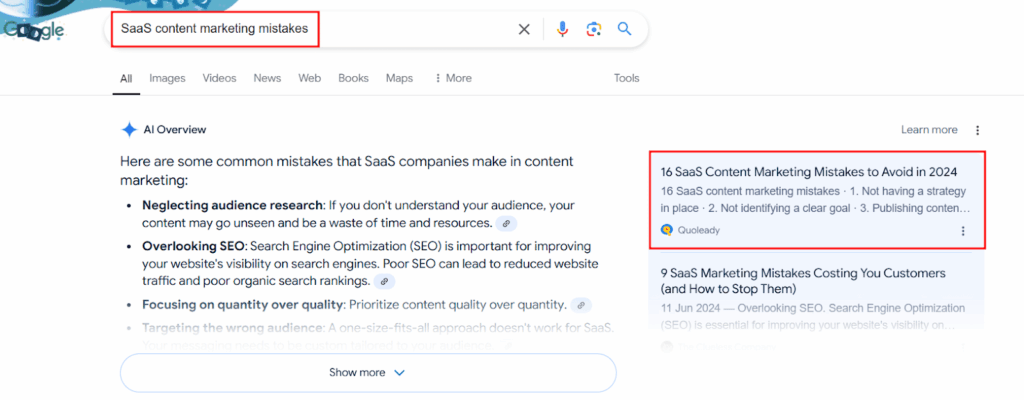 SERP for SaaS content marketing mistakes