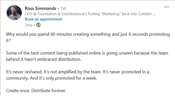 An excerpt from Ross Simmonds's LinkedIn post on content repurposing
