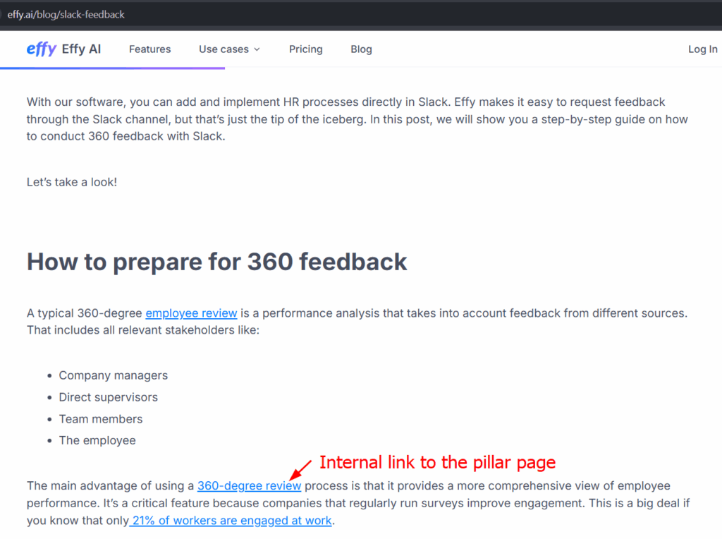 Description of an internal link from a cluster page to the pillar page