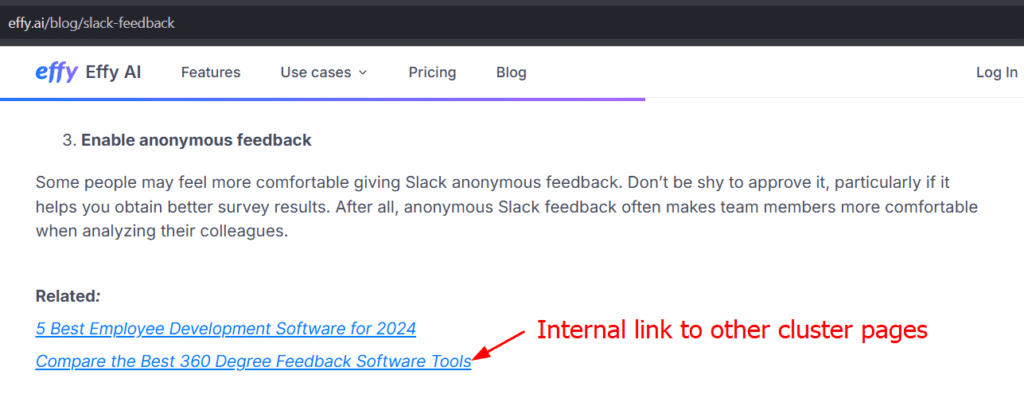 Description of an internal link from a cluster page to the pillar page