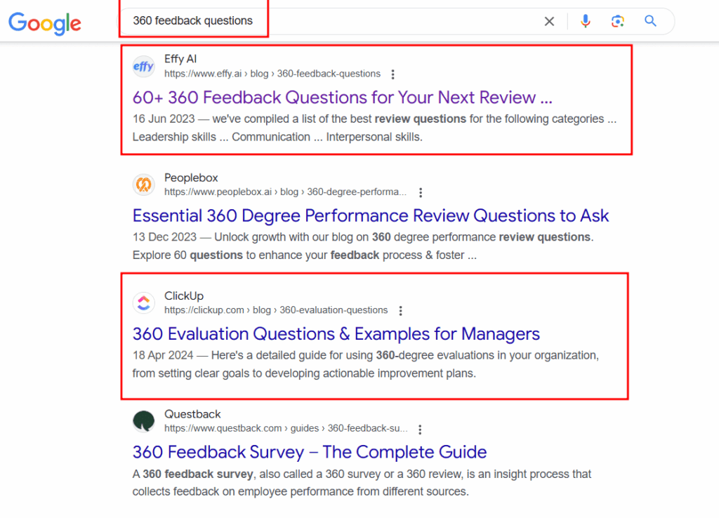 Google result page for 360 feedback questions