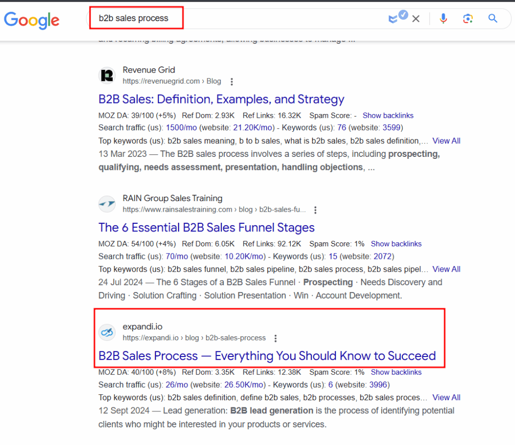 Google's result page for b2b sales process