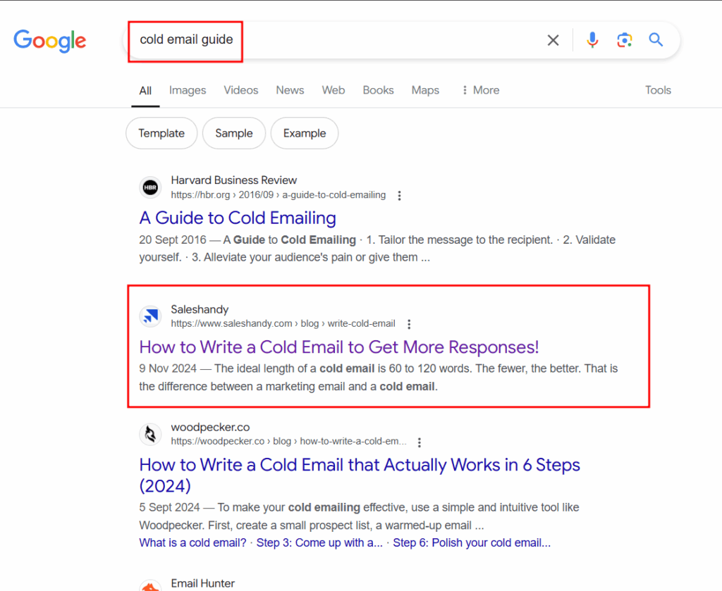 SERP for cold email guide