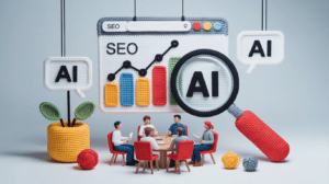 Crochet illustration of people discussing about best SaaS SEO agencies