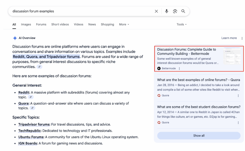  The brand appeared in Google AI Overview for keyword ‘discussion forum examples’.