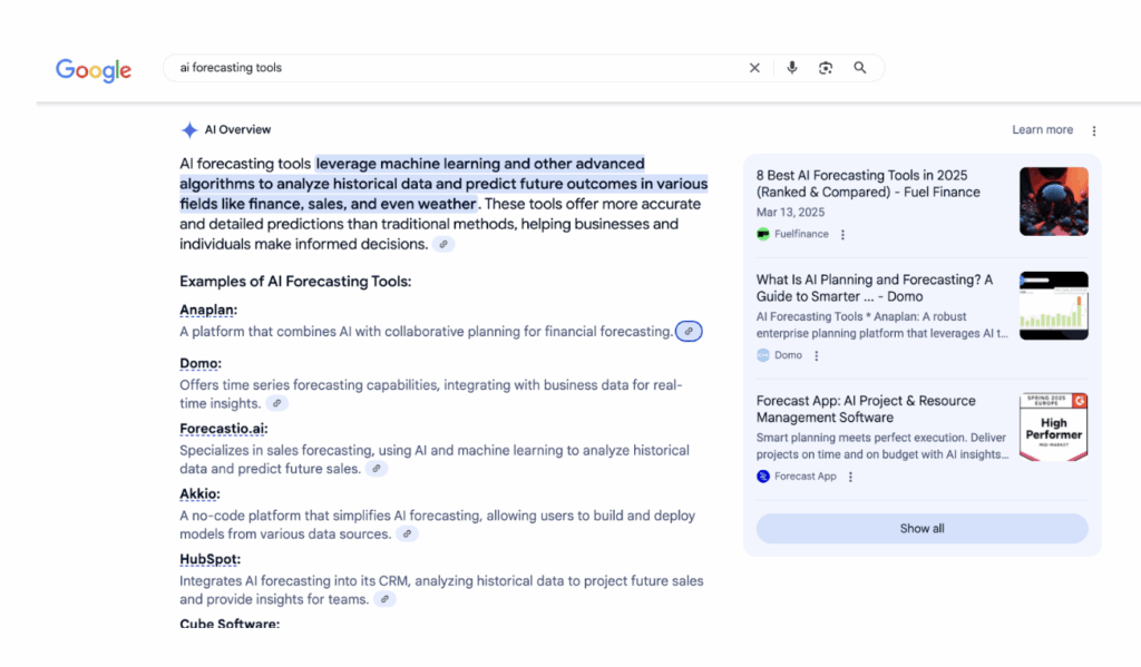  The post ranks for AI forecasting tools in Google AI Overview and gets featured in LLM (ChatGPT) for the same keyword.