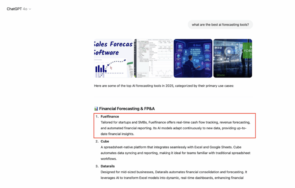  The post ranks for AI forecasting tools in Google AI Overview and gets featured in LLM (ChatGPT) for the same keyword.