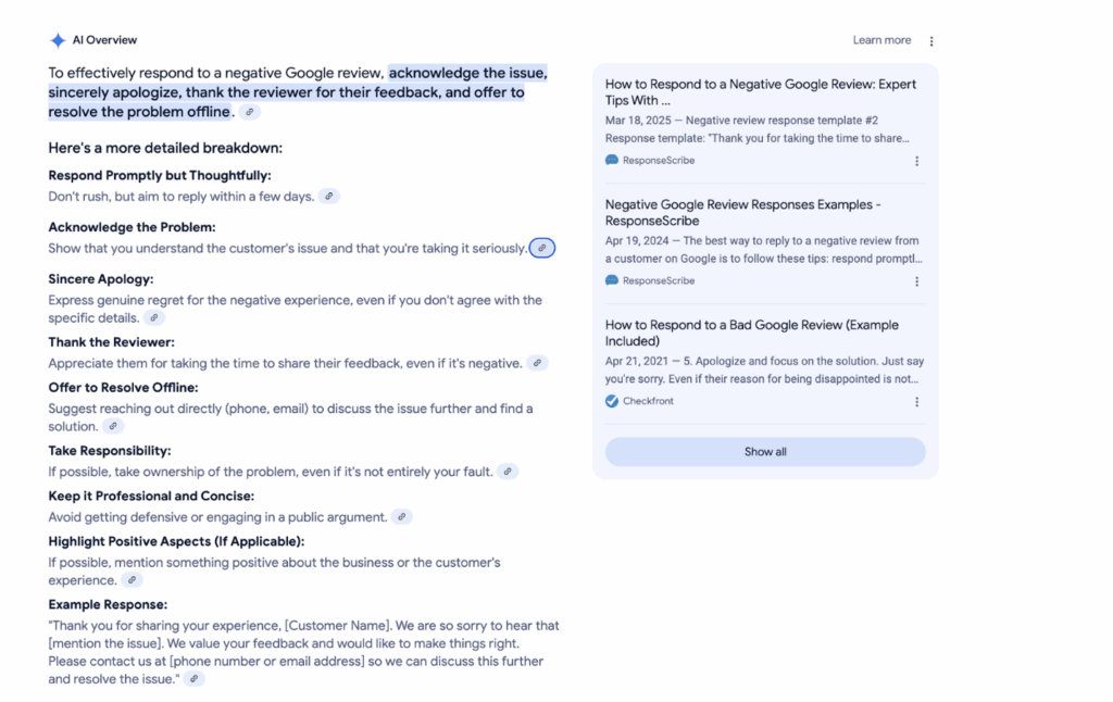 ResponseScribe featured in Google AI Overviews: