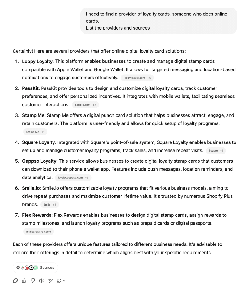 Pass Kit and Loop Loyalty highlighted in LLM answers: