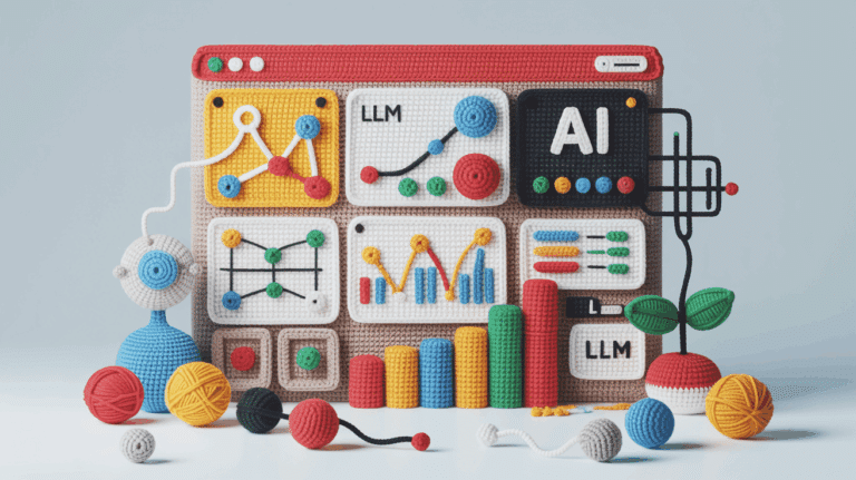 Creative knitted AI dashboard with LLM models and data charts
