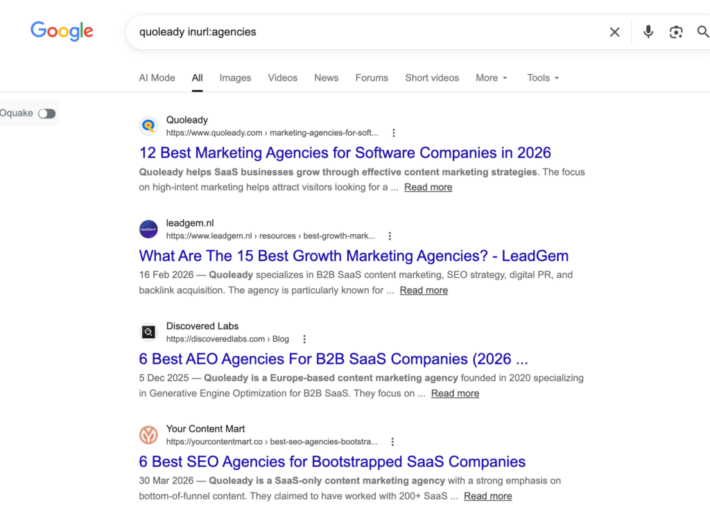 Quoleady agencies article top ranking on SERP
