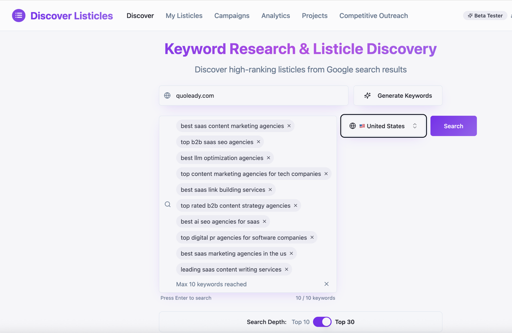 Listicles screenshot of keywords research and listicles discovery