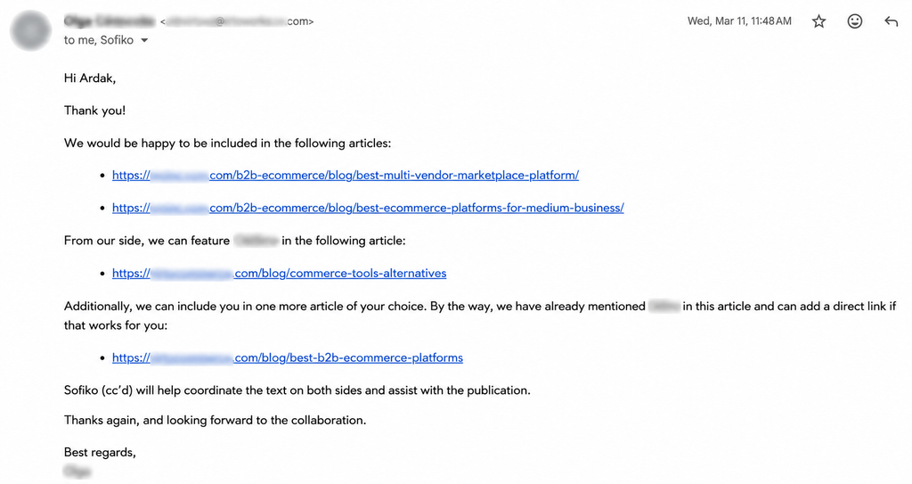 Screenshot: Email thread: "its live," the request for more collaboration, and the follow-up offering two additional articles