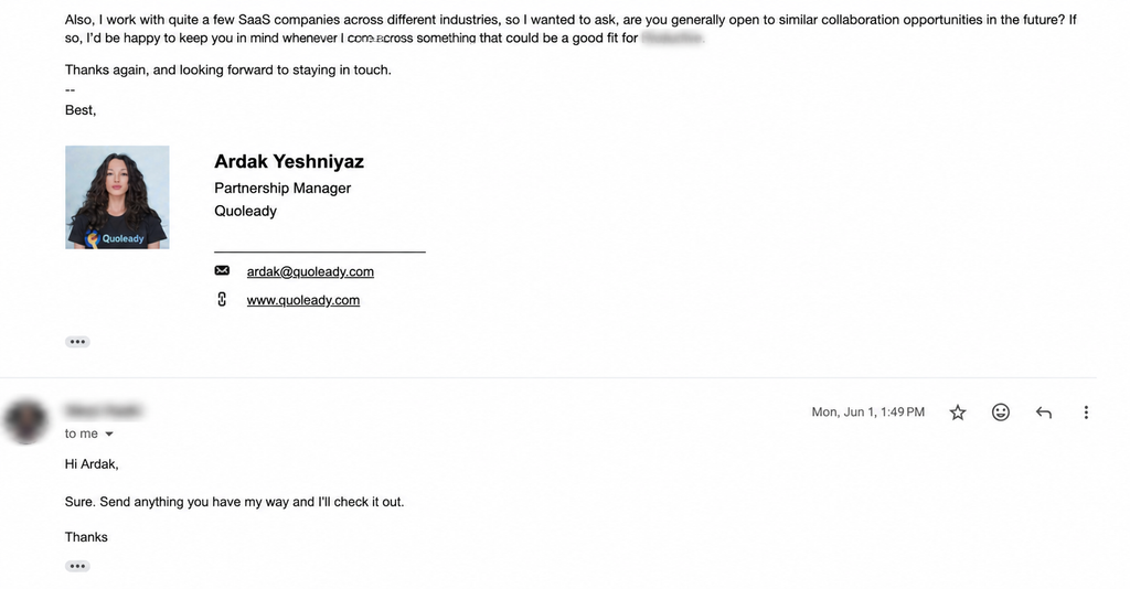Screenshot of staying in touch after the placement is live to build relationships