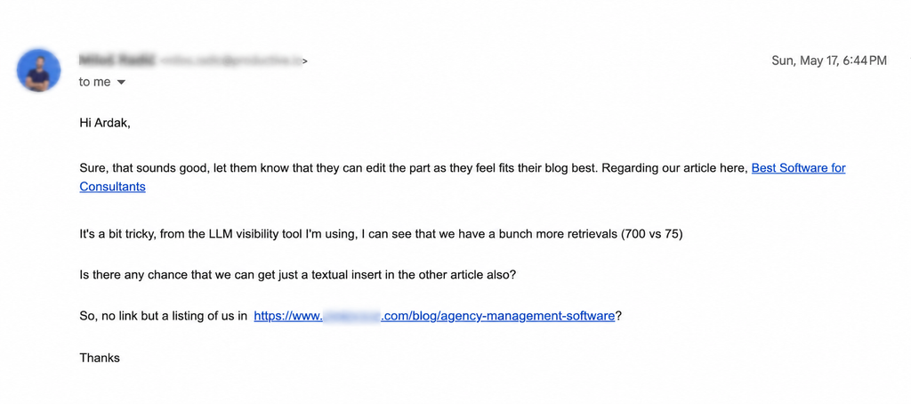 Screenshot: Publisher email comparing AI retrievals (700 vs 75) and asking for a text-only listing