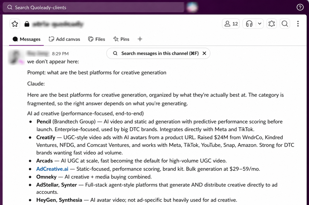 Slack message from a client showing a Claude answer where their brand does not appear