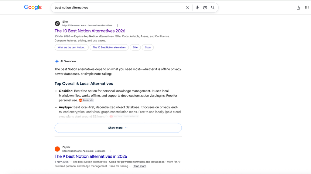 best Notion alternatives screenshot on Google search